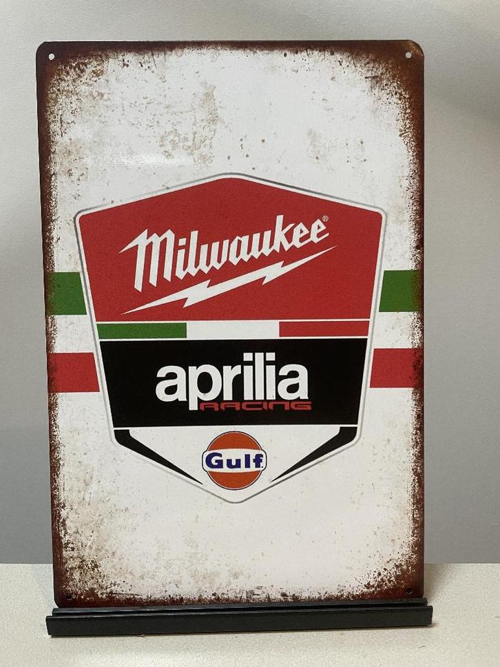 Milwaukee Aprillia Gulf metalen reclamebord (Old Look), Verzamelen, Merken en Reclamevoorwerpen, Nieuw, Reclamebord, Ophalen of Verzenden