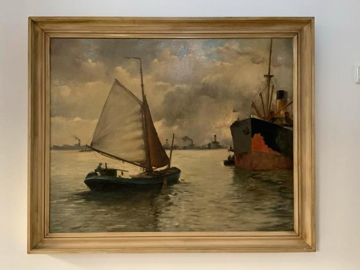 Olieverf Havengezicht - 113x93 cm, Antiek en Kunst, Kunst | Schilderijen | Klassiek, Ophalen