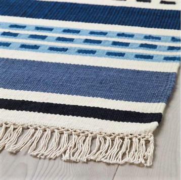 Vintage mooi, modern handgeweven vloerkleed in blauw en wit