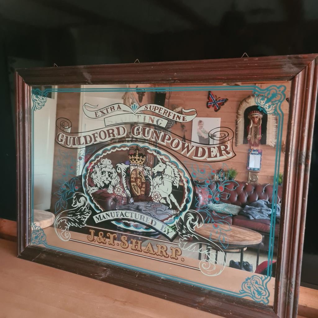 Edwardion Antieke reclame spiegel gilford gunpowder, Antiek en Kunst, Antiek | Spiegels, Ophalen, Rechthoekig, 50 tot 100 cm, Minder dan 100 cm