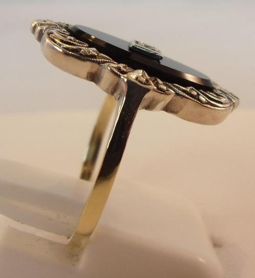 Zeldzame antieke 14K Art Deco ring met Onyx en Diamant, Sieraden, Tassen en Uiterlijk, Antieke sieraden, Ring, Goud, Met edelsteen
