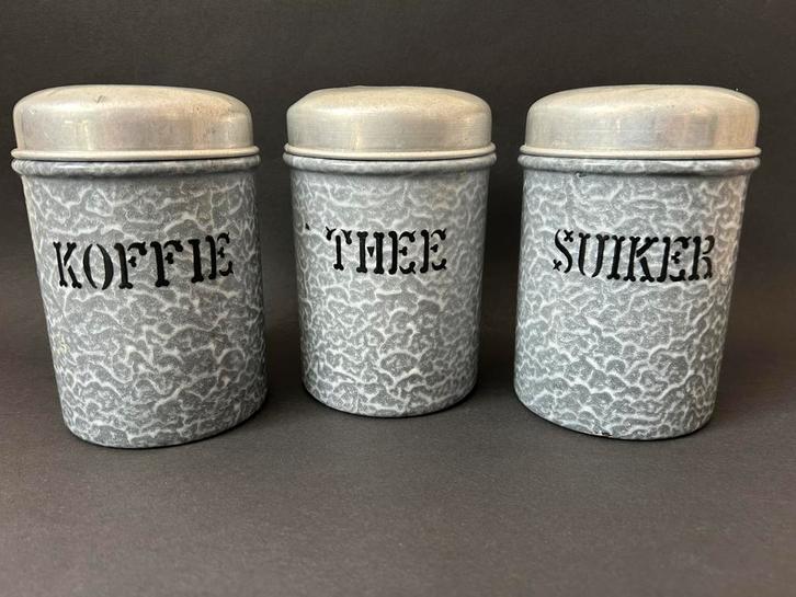 Grijs Gewolkte Koffie, Thee & Suiker Voorraadbussen, Antiek en Kunst, Antiek | Emaille, Ophalen of Verzenden
