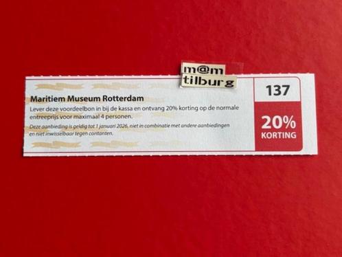 Bon 137 Maritiem Museum Rotterdam 20% korting, Tickets en Kaartjes, Musea, Drie personen of meer, Kortingskaart