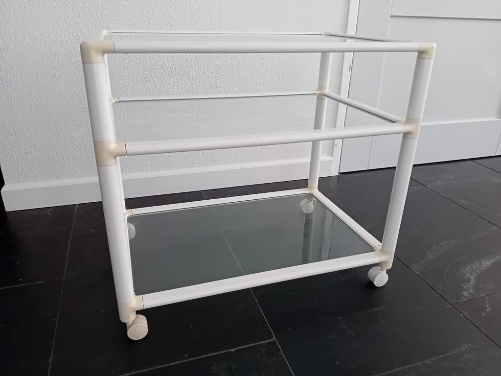 Vintage Space Age Bijzettafel/Audio Tafel met Wieltjes, Minder dan 50 cm, Gebruikt, 50 tot 100 cm, Glas