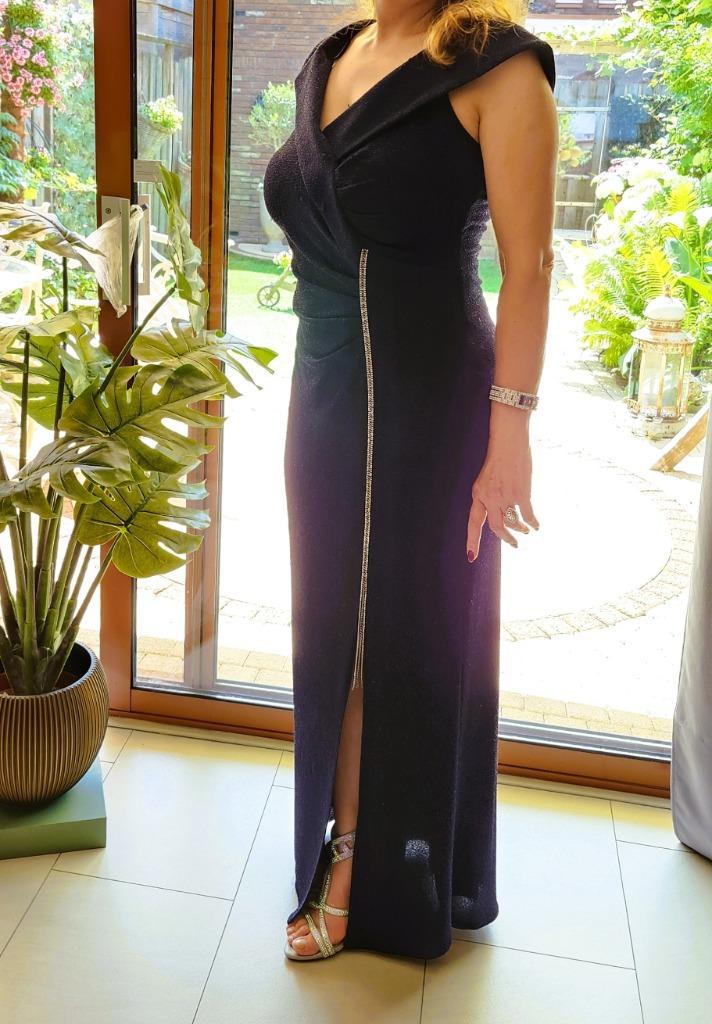 9. Jurk lang donkerblauw met split, Kleding | Dames, Jurken, Zo goed als nieuw, Maat 38/40 (M), Blauw, Onder de knie, Ophalen