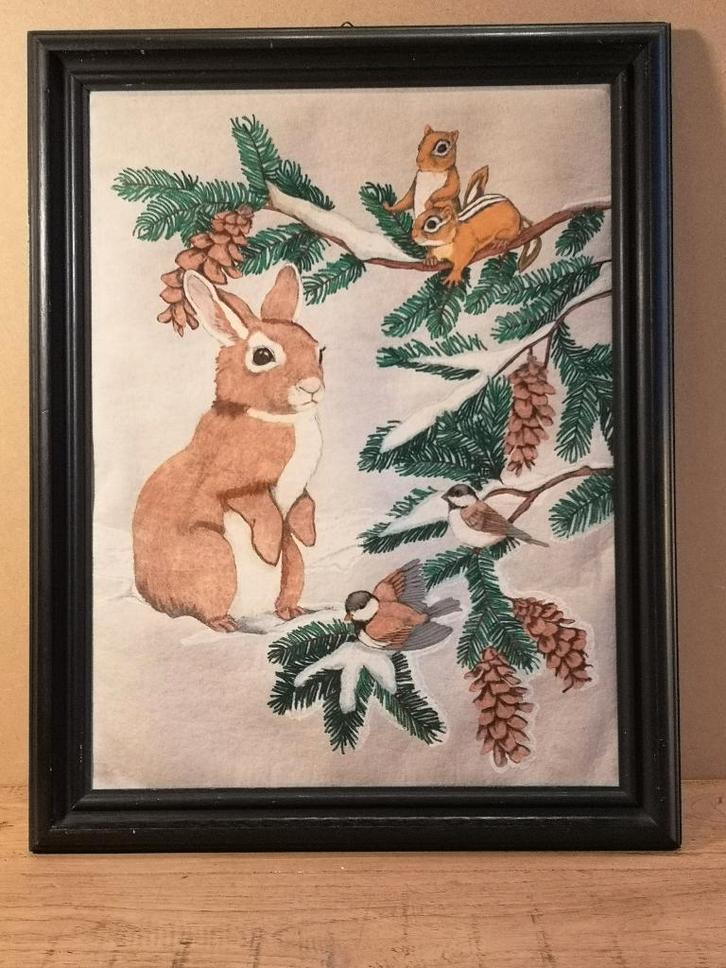 Schilderij wintertafereel met konijn, Huis en Inrichting, Woonaccessoires | Schilderijen, Tekeningen en Foto's, Zo goed als nieuw
