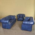 23772 Chesterfield Bankstel Blauw 3-2-1 Leder, Huis en Inrichting, Ophalen, Chesterfield, Nieuw, Rechte bank