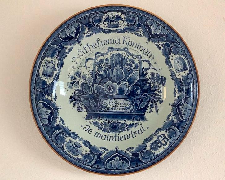 Delfts Blauw Wandbord Wilhelmina 1938 Porceleyne fles 35 cm, Antiek en Kunst, Antiek | Wandborden en Tegels, Ophalen of Verzenden