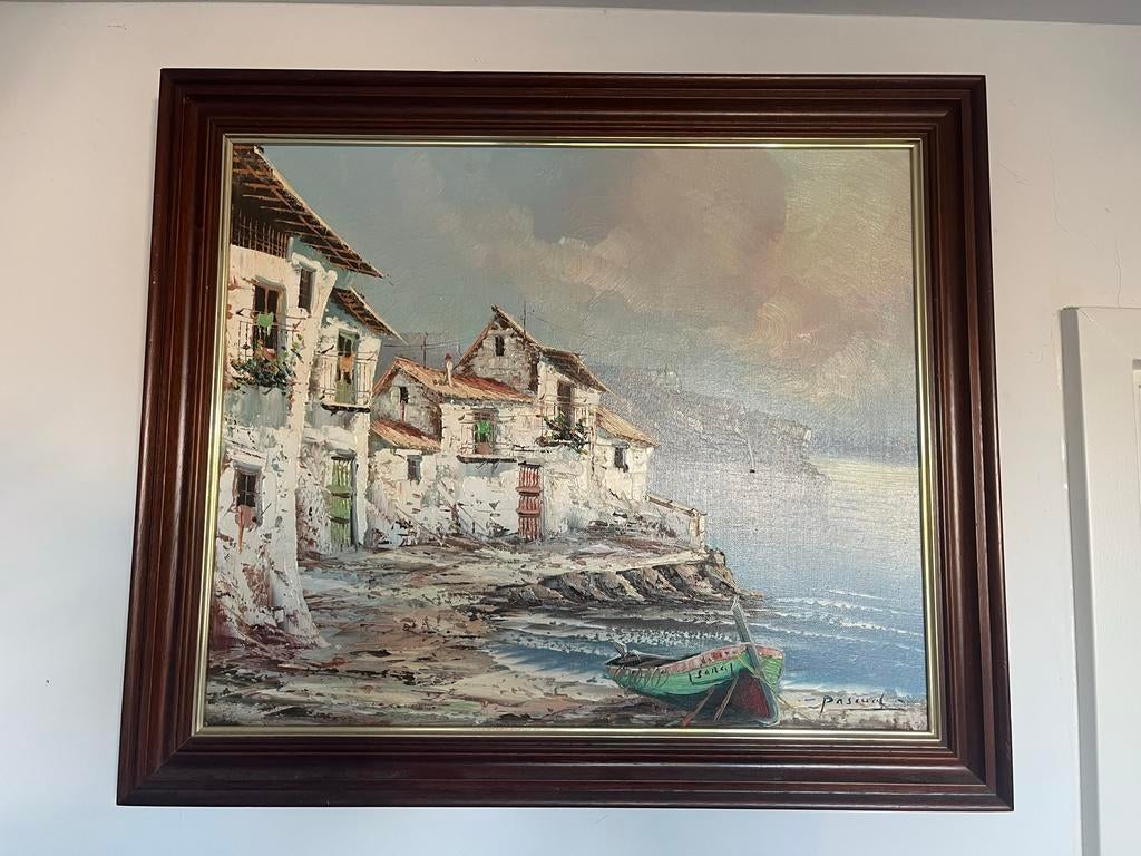 Schilderij mediterraans met boot 55x64cm, Ophalen of Verzenden