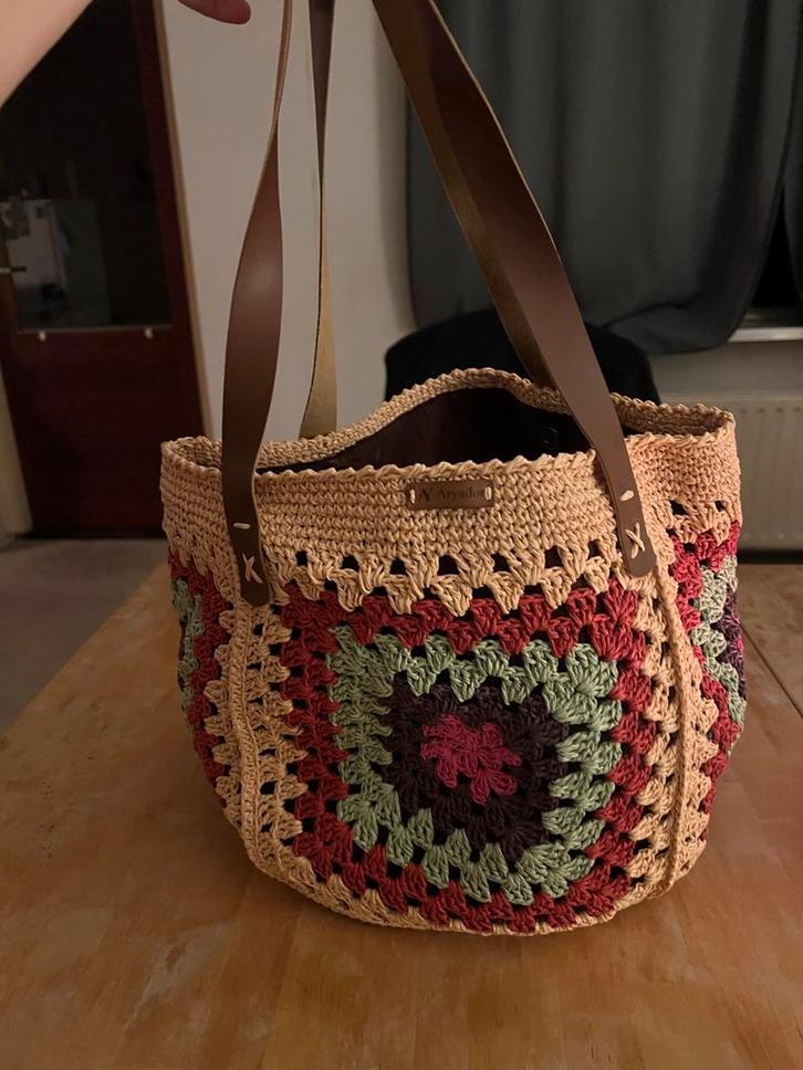 Gehaakte Handtas met Leren Handvatten, Sieraden, Tassen en Uiterlijk, Tassen | Damestassen, Nieuw, Handtas, Beige, Ophalen of Verzenden