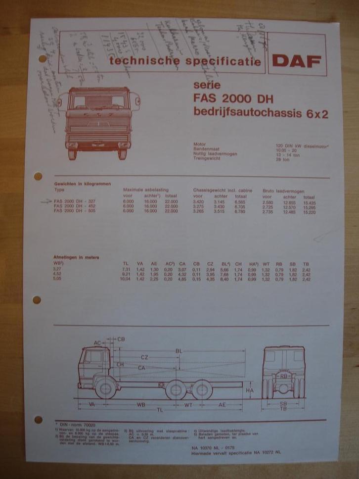 DAF FAS 2000 DH Technische Specificatie folder 1975 – 6x2, Boeken, Auto's | Folders en Tijdschriften, Zo goed als nieuw, Overige merken