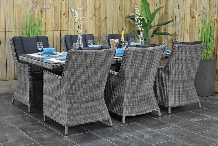 Menorca Tafel 225 met 6 Avalon Dining Tuintoelen Natural Gre, Tuin en Terras, Tuinsets en Loungesets, Zo goed als nieuw, Tuinset