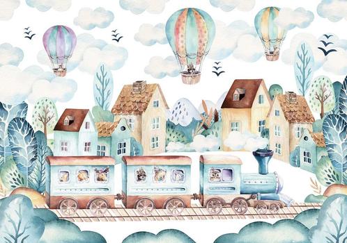 Trein en luchtballon behang, kinderkamer, babykamer,, Kinderen en Baby's, Kinderkamer | Inrichting en Decoratie, Nieuw, Wanddecoratie