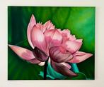 Schilderij Lotusbloem - 120 x 100 cm - roze en groen, Ophalen, Zo goed als nieuw, Schilderij, 100 tot 125 cm