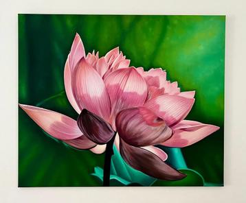 Schilderij Lotusbloem - 120 x 100 cm - roze en groen beschikbaar voor biedingen