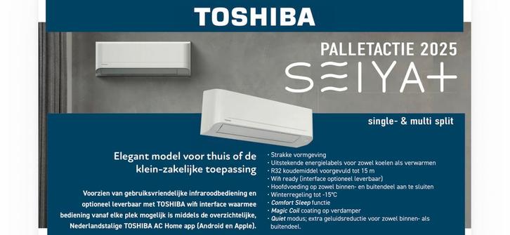 Toshiba Seiya split unit airco voor in huis Wifi R32, Witgoed en Apparatuur, Airco's, Nieuw, Wandairco, 100 m³ of groter, 3 snelheden of meer