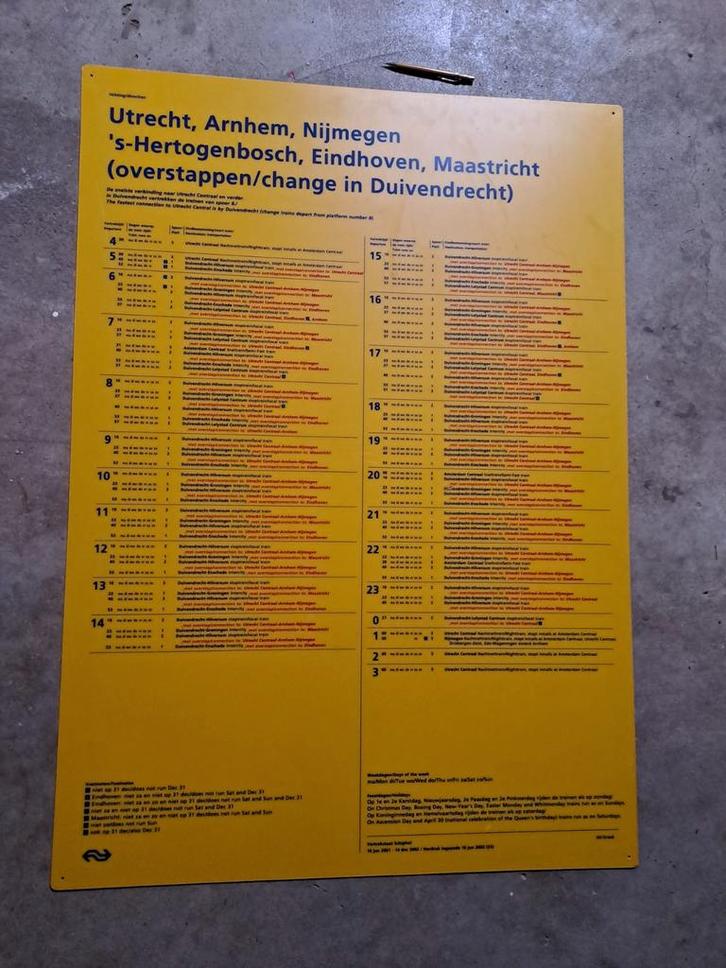 NS Treintijden Bord 2001 - Collectors Item!, Verzamelen, Spoorwegen en Tramwegen, Trein, Overige typen, Ophalen of Verzenden