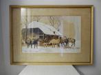 Aquarel, 'paardenstal in de winter', Antiek en Kunst, Kunst | Schilderijen | Klassiek, Ophalen