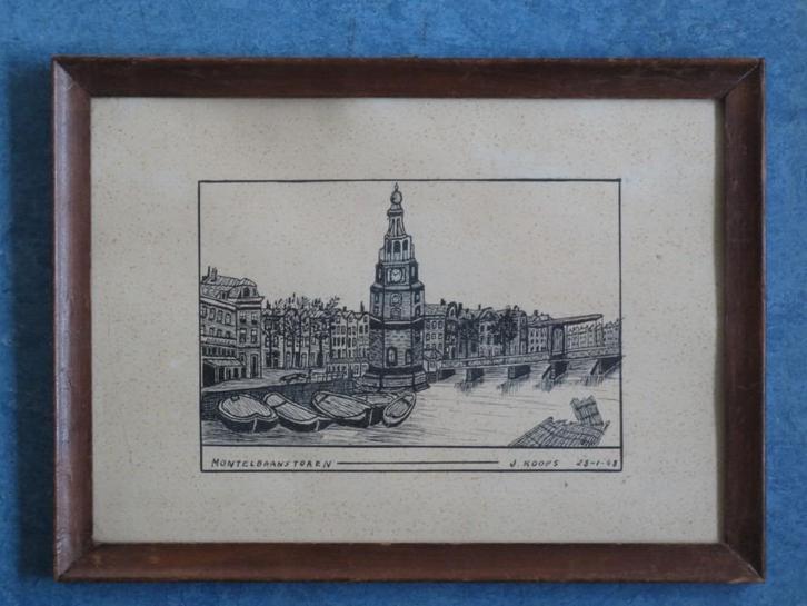 Vintage originele pentekening Montelbaanstoren Amsterdam, Antiek en Kunst, Kunst | Etsen en Gravures, Ophalen of Verzenden