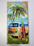 Houten wandbord beach retro surf bus Geel Beach 60 x 30cm, Huis en Inrichting, Nieuw, Ophalen of Verzenden