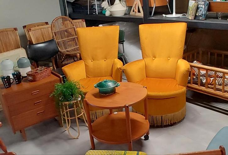 Set Fauteuils, Huis en Inrichting, Fauteuils, Gebruikt, Hout, Stof, 50 tot 75 cm, 75 tot 100 cm, Ophalen