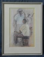 Krijttekening Vier figuren Curaçao Asyla ten Holt 1992 26x16, Ophalen of Verzenden