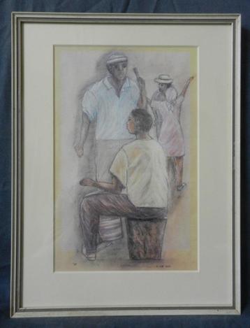Krijttekening Vier figuren Curaçao Asyla ten Holt 1992 26x16 beschikbaar voor biedingen