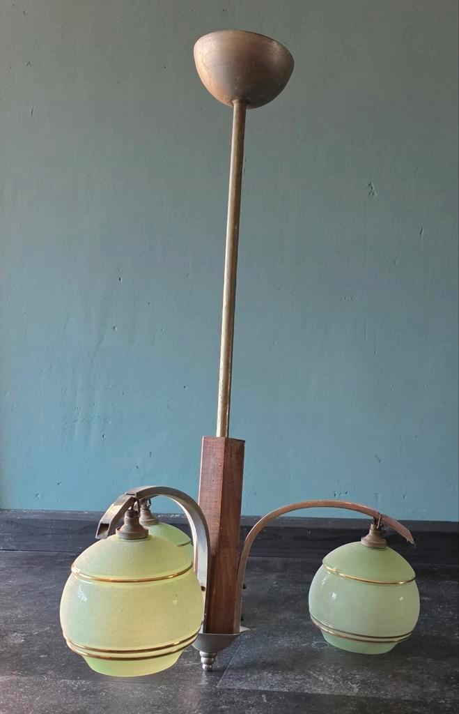Art Deco Plafondlamp met 3 Bollen, Huis en Inrichting, Lampen | Hanglampen, Gebruikt, 50 tot 75 cm, Glas, Hout, Metaal, Ophalen of Verzenden