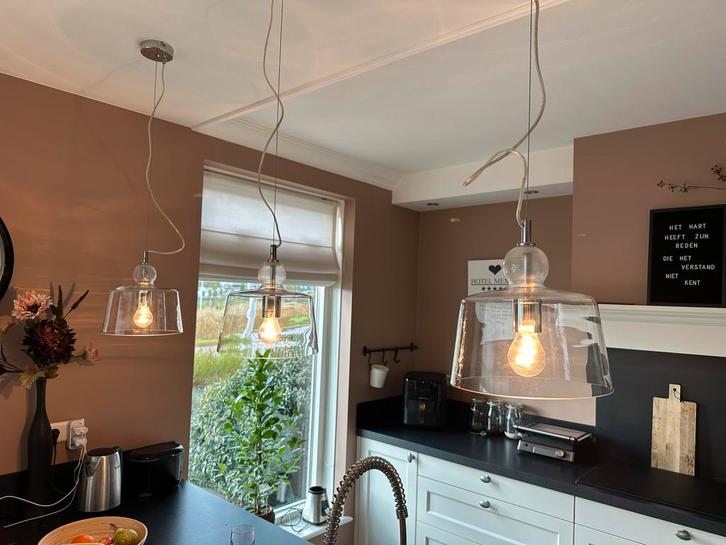 3 glazen Lampenkappen - Keukeneiland, Huis en Inrichting, Lampen | Hanglampen, Zo goed als nieuw, Minder dan 50 cm, Glas, Ophalen
