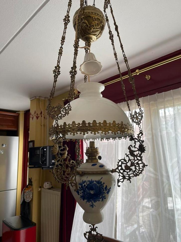 Olielamp, Huis en Inrichting, Lampen | Kroonluchters, Gebruikt, Glas, Metaal, Ophalen of Verzenden