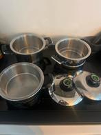 AMC Pannenset 3-delig + Afgietpan, Huis en Inrichting, Gebruikt, Keramische plaat, Pannenset, Ophalen of Verzenden