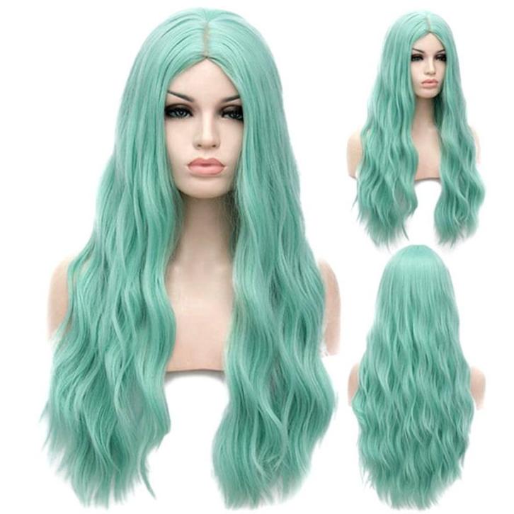 Pruik lang haar met golfjes in mintgroen zonder pony, Sieraden, Tassen en Uiterlijk, Uiterlijk | Haarverzorging, Nieuw, Pruik of Haarverlenging