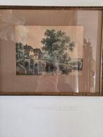 18e of 19e eeuwse aquarel haventje rivier kust roeiers brug., Ophalen of Verzenden