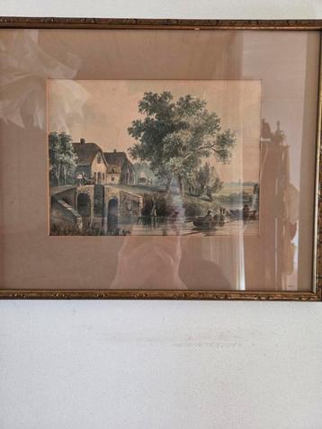 18e of 19e eeuwse aquarel haventje rivier kust roeiers brug. beschikbaar voor biedingen