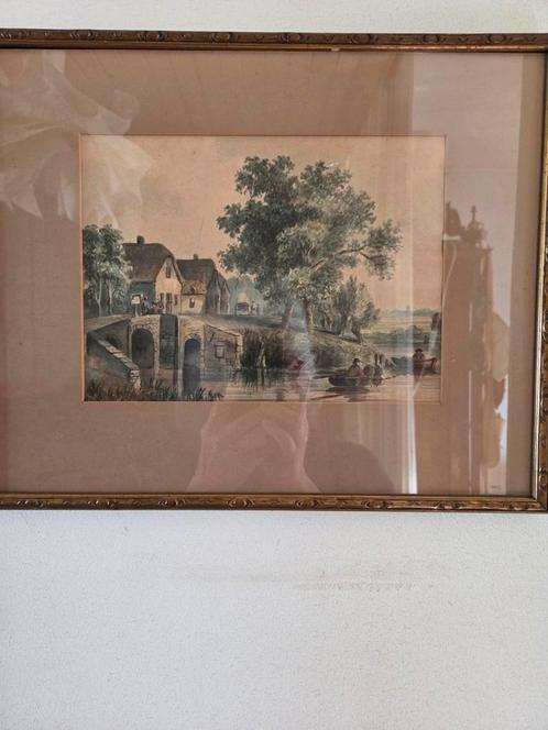 18e of 19e eeuwse aquarel haventje rivier kust roeiers brug., Antiek en Kunst, Kunst | Schilderijen | Klassiek, Ophalen of Verzenden