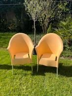 Kunstof stoelen met metalen poten, pastel-oranje, Huis en Inrichting, Metaal, Twee, Zo goed als nieuw, Ophalen