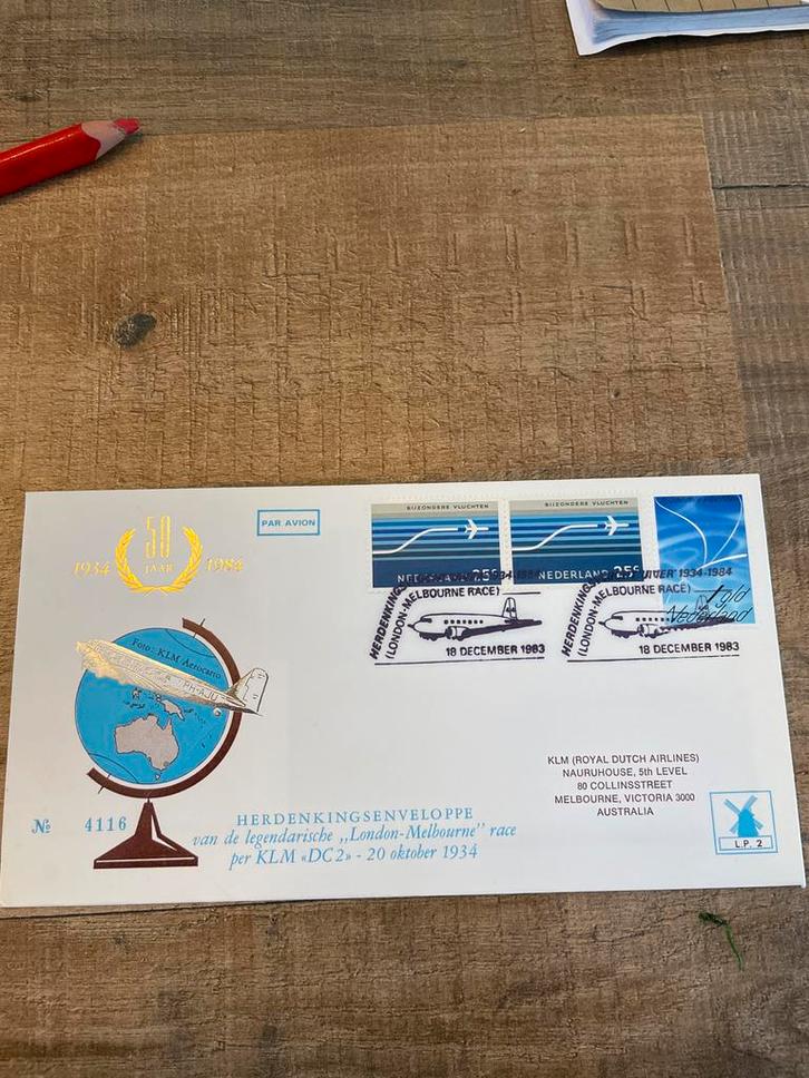 KLM Herdenkingsenveloppe London-Melbourne Race 1983, Postzegels en Munten, Postzegels | Eerstedagenveloppen, Onbeschreven, Nederland