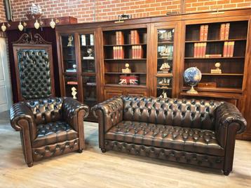 Chesterfield set 3 zts & club fauteuil antiek bruin leer beschikbaar voor biedingen