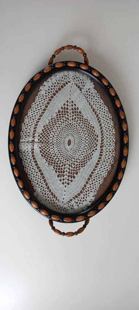 Ovale houten dienblad met glasplaat, Huis en Inrichting, Woonaccessoires | Dienbladen, Gebruikt, Hout, Ovaal, Ophalen