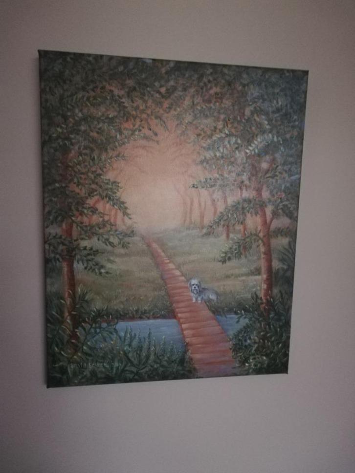 schilderij bosgezicht, gesigneerd, Huis en Inrichting, Woonaccessoires | Schilderijen, Tekeningen en Foto's, Zo goed als nieuw