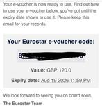 Eurostar voucher ter waarde van 120 pond / 138 euro, Tickets en Kaartjes, Twee personen, Cadeaubon, Overige typen