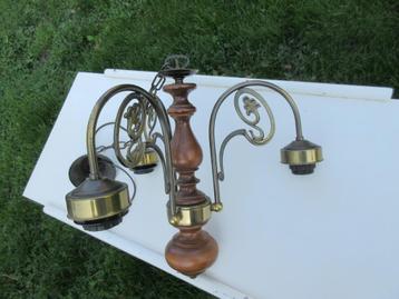 hanglamp 3 pits hout met koperbeslag jaren 50 beschikbaar voor biedingen
