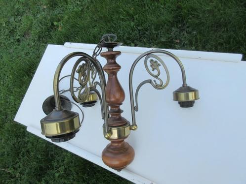 hanglamp 3 pits hout met koperbeslag jaren 50, Huis en Inrichting, Lampen | Hanglampen, Gebruikt, Minder dan 50 cm, Glas, Hout