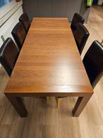 Houten eettafel met 6 stoelen, bruin - 221cm lang, Huis en Inrichting, Tafels | Eettafels, Ophalen, Gebruikt, 200 cm of meer, 50 tot 100 cm