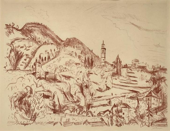 794. Litho, Jan Wiegers – heuvellandschap, ca. 1940, Antiek en Kunst, Kunst | Litho's en Zeefdrukken, Ophalen of Verzenden