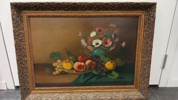 Stilleven Tilly Moes; bloemen en fruit, olieverf op doek beschikbaar voor biedingen