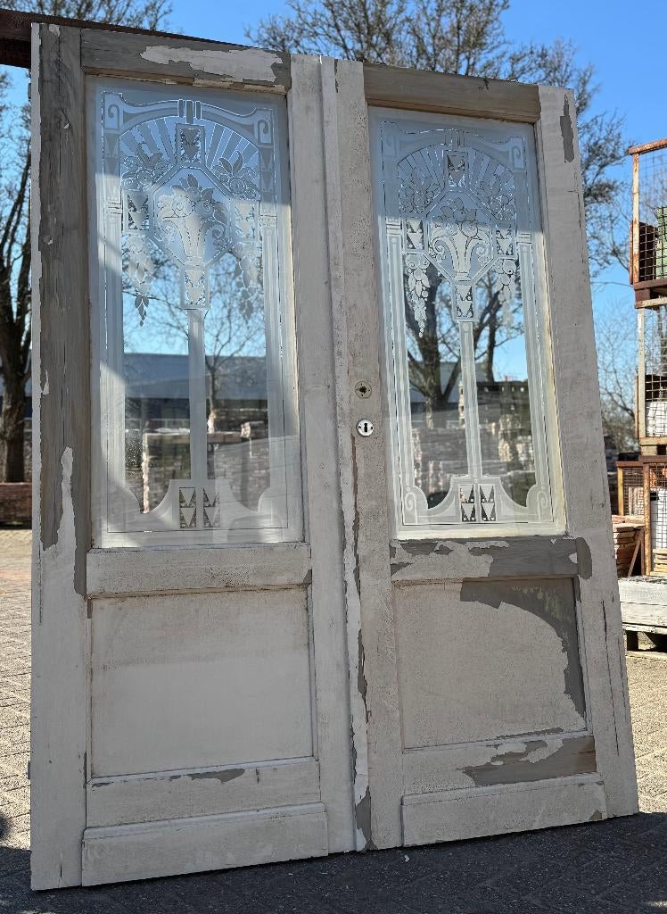 Set antieke openslaande deuren met geëtst glas en bovenlicht, Ophalen of Verzenden