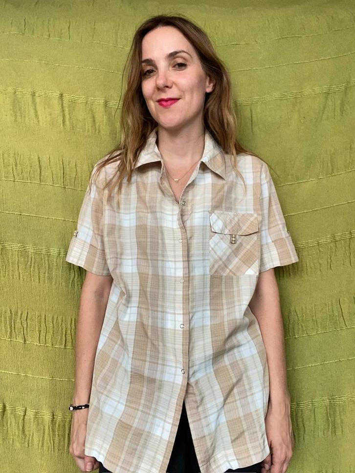 Vintage blouse / overhemd - beige - geruit - 40/L, Kleding | Dames, Blouses en Tunieken, Gedragen, Maat 38/40 (M), Beige, Ophalen of Verzenden