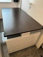 Donker Eiken Bureau 160x80 + Rolblok & Leren Stoel, Huis en Inrichting, Bureaus, Ophalen, In hoogte verstelbaar, Gebruikt, Bureau