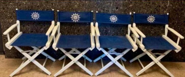 Set 4 maritieme director chairs – hout & canvas –, Huis en Inrichting, Stoelen, Zo goed als nieuw, Vier, Hout, Wit, Ophalen